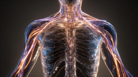 Detailed visualization of human anatomy highlighting the circulatory and nervous systems, emphasizing the complex vascular networks in a captivating manner.の素材