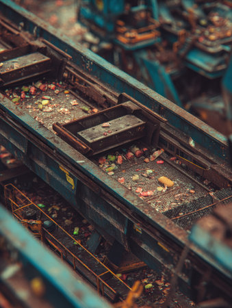 An abandoned industrial site has neglected conveyor belts mixed with debris, highlighting a forgotten space at dusk.の素材