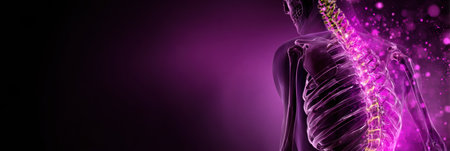 The vibrant depiction shows a human spine surrounded by glowing elements, emphasizing anatomical details in a striking purple setting.の素材