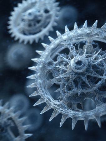 Sharp-toothed gears float in darkness, showing their intricate design and the beauty of mechanical engineering.の素材