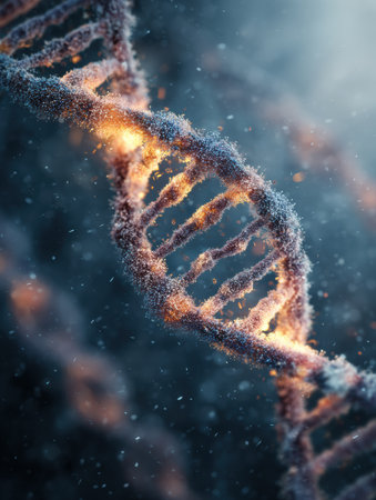 A spiraling DNA helix stands out with glowing strands against a dark backdrop, showing the intricate structure and beauty of genetics.の素材