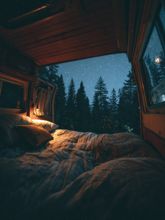 A peaceful van interior features soft bedding and warm light, offering a view of a starry sky surrounded by tall trees at night.の素材