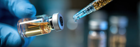 A close-up shows a gloved hand holding a small vial next to a dropper releasing liquid in a laboratory environment during a research experiment.の素材
