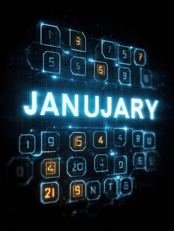 Futuristic representation of January featuring glowing numbers on a digital interface. The design is sleek and modern, emphasizing a tech-inspired aesthetic.の素材