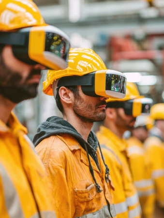 Workers dressed in yellow safety gear are engaged in a training session using virtual reality headsets in an industrial environment.の素材