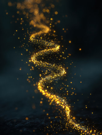 A stream of golden particles twists elegantly through a dark background, creating a captivating display of light and texture that evokes wonder and intrigue.の素材