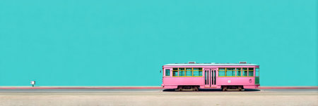 A bright pink tram moves slowly along an empty street under a clear blue sky. The surrounding area feels serene and colorful, creating a unique atmosphere.の素材
