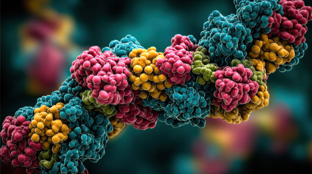 Vibrant atomic clusters in a molecular structure showcase intricate scientific patterns, sparking curiosity about the natural world.の素材