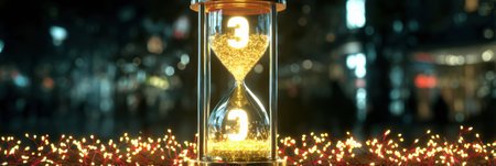 An elegant hourglass filled with shimmering gold sand captures attention amidst vibrant Holiday lights in a lively city atmosphere during night hours.の素材
