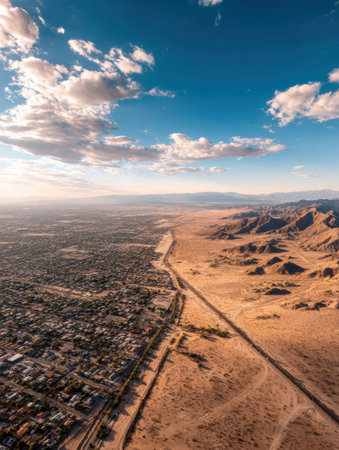 Aerial view showcasing a sprawling urban area next to an expansive desert landscape with rugged mountains in the background under a bright blue skyの素材