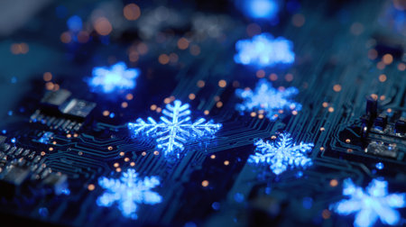 Glowing blue snowflake patterns adorn a detailed circuit board, showing a unique blend of winter aesthetics and technology in a close-up view.の素材