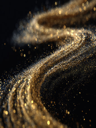 Golden particles swirl gracefully, illuminating the darkness with their sparkling beauty, creating a mesmerizing and captivating scene of flowing light.の素材