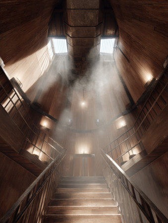 A staircase leads upward inside a uniquely designed wooden space, where beams of light create a mystical atmosphere amidst soft drifting smoke.の素材