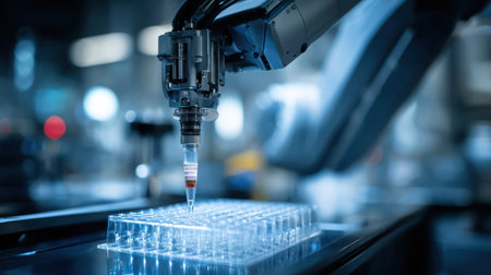 Robotic arm executes precise liquid handling in a lab, showcasing advanced automation technology used for research and analysis in a controlled environment.の素材