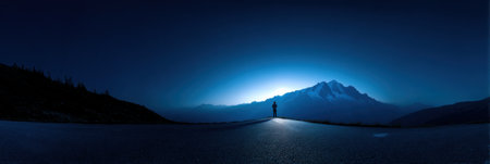 A person stands alone on an empty road under a night sky, with mountains glowing softly in the distance from moonlight.の素材