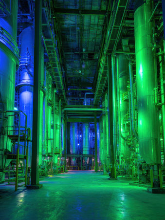 Brightly lit industrial space features tall pipes and tanks glowing in green and blue lights, creating a stunning atmosphere that highlights the machinery.の素材