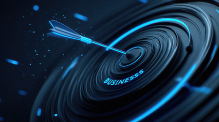 An arrow strikes the center of a circular target, representing success in business strategies and goals. The scene features a dark background with blue accents.の素材