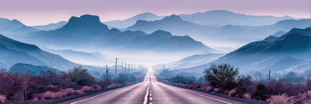 Long, empty road stretches through a tranquil desert scene at dusk, with majestic mountains and soft colors creating a serene atmosphere.の素材