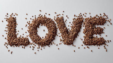 Coffee beans are artistically arranged to spell out the word love on a smooth light surface, creating a visually pleasing design.の素材