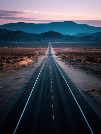 A long road leads into the distance across a desert terrain, with mountains silhouetted against a colorful dusk sky, creating a serene atmosphere.の素材