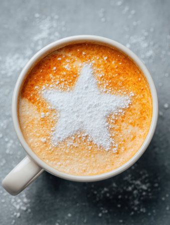 A warm drink topped with a delicate white star made of powdered sugar sits on a textured gray surface, ideal for holiday celebrations and comfort.の素材