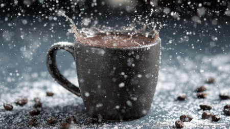 A dark mug filled with a hot drink splashes as sugar particles rain down, surrounding scattered coffee beans, creating a warm and inviting sceneの素材