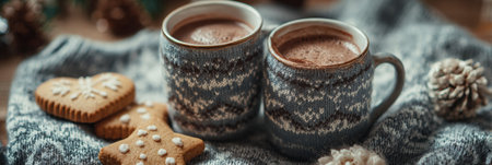 Two mugs filled with hot chocolate sit beside decorated cookies on a knitted blanket, evoking warmth and comfort in the holiday season.の素材