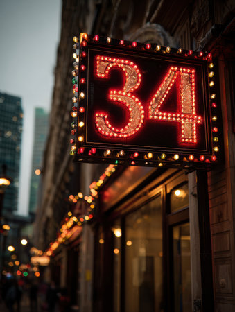 A vibrant sign with the number 34 illuminates a lively street as the day turns to night, surrounded by charming architecture and city lights.の素材
