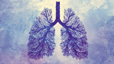 A detailed illustration of lungs designed with intricate tree-like branches on a calming blue and white textured background, emphasizing health and nature.の素材