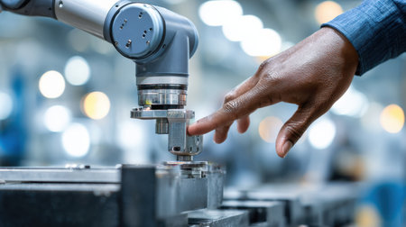 A robotic arm carefully engages with a component on the assembly line, showing advanced automation technology in a manufacturing environment.の素材