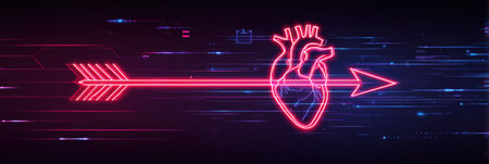 A glowing neon heart design is pierced by an arrow, set against a backdrop of digital lines and patterns, symbolizing love in a modern world.の素材