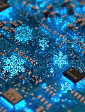 A detailed view of a circuit board glowing in blue, featuring unique snowflake patterns, evoking a winter theme in a modern technology context.の素材