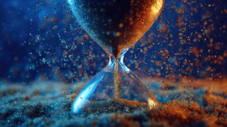 Anglass hour stands prominently, with glittering sand flowing through it, illuminated by a soft blue and orange glow, creating a mesmerizing effect.の素材