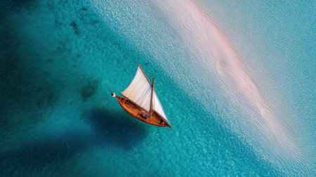 A traditional sailboat glides over blue waters beside a sandy shore with gentle waves under bright sunlight in a tranquil tropical setting.の素材