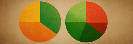 Two pie charts display contrasting data sets with vibrant sections, each representing different categories on a textured, neutral background.の素材