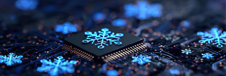 Circuit board with intricate patterns highlighted by glowing blue snowflakes, symbolizing innovative cooling systems in electronics.の素材