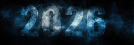 A bold 2026 visual features an abstract blue and black background, capturing a modern, futuristic essence for diverse projects.の素材