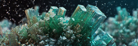 Green crystal formations emerge prominently against a dark background, sparkling as they catch light, creating a captivating and vibrant scene.の素材