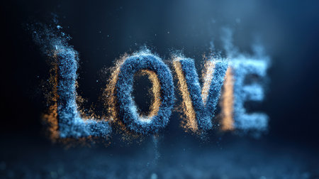 Dynamic scene showcasing the word love formed from colorful particles creating an engaging and artistic visual effect in a dark background.の素材