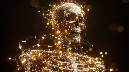 A detailed skeleton is surrounded by shimmering lights, creating a magical effect.の素材