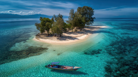 A fishing boat navigates the pristine waters surrounding a tropical island, surrounded by lush greenery and soft sandy beaches on a clear day.の素材