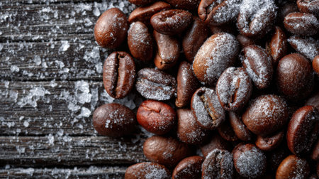 Dark roasted coffee beans and coarse salt rest on a rustic wooden surface, creating a warm, inviting ambiance.の素材