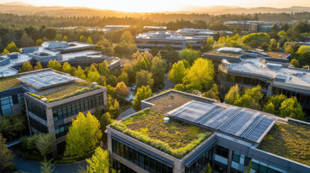 Buildings with green rooftops and solar panels are bathed in warm sunlight as the sun sets, highlighting a blend of nature and architecture in an urban setting.の素材