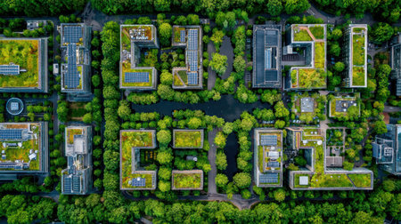This aerial view captures innovative buildings with green rooftops embraced by lush greenery surrounding a reflective pond in a vibrant urban setting.の素材