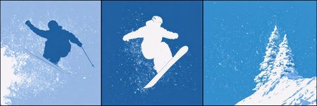 On a bright day, winter sports enthusiasts ski and snowboard gracefully on fresh snow, showing their skills against a crisp blue sky.の素材