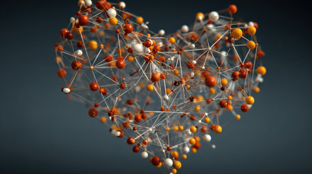 Colorful spheres form a heart shape, linked by fine lines, symbolizing love and connection in a visually striking design against a dark backdrop.の素材