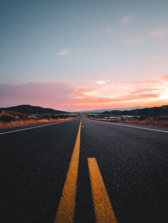 A long, empty road leads toward a stunning sunset, framed by gentle hills and a vibrant sky filled with colors of dusk. Peaceful rural scenery captivates.の素材
