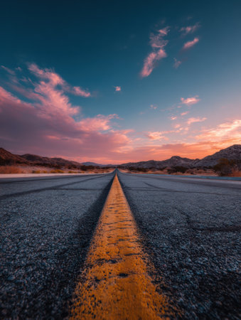 A long road stretches into the distance, framed by mountains and vibrant clouds during sunset, creating a beautiful landscape.の素材