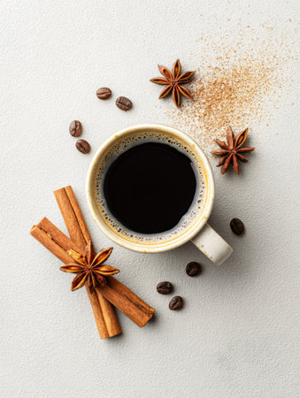 A cup of black coffee sits next to cinnamon sticks and star anise, creating a visually appealing arrangement that emphasizes warmth and rich flavors.の素材
