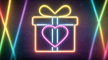 A colorful neon gift box with a heart symbol glows brightly against a dark wall, surrounded by dynamic light patterns, creating a celebratory mood.の素材